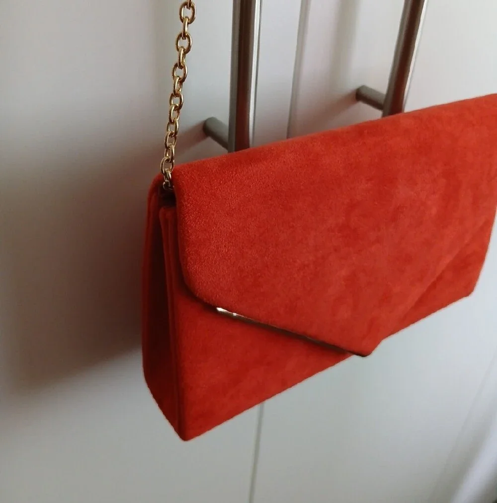 Red Orange Suede Envelope Clutch with Gold Chain Strap
